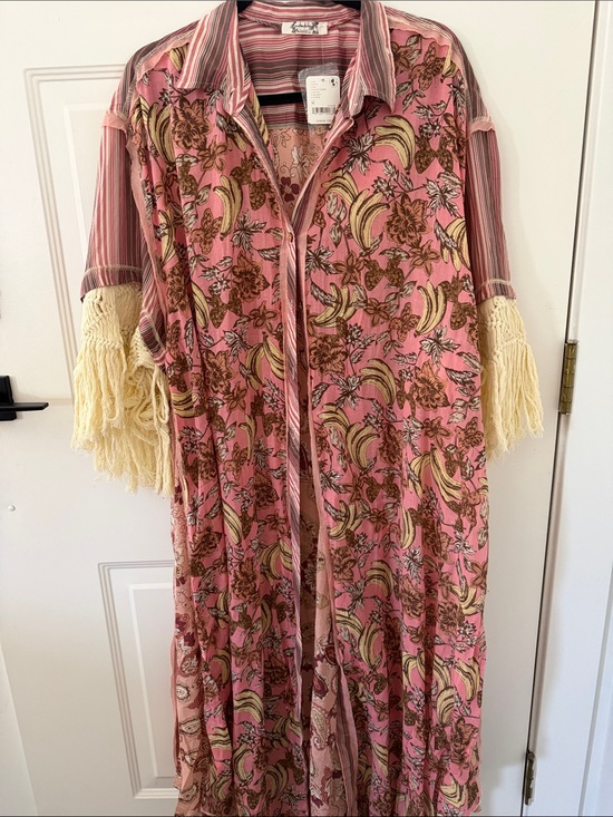 Free People Other - Free People Pink Floral & Banana Print Fringe Sleeve Robe